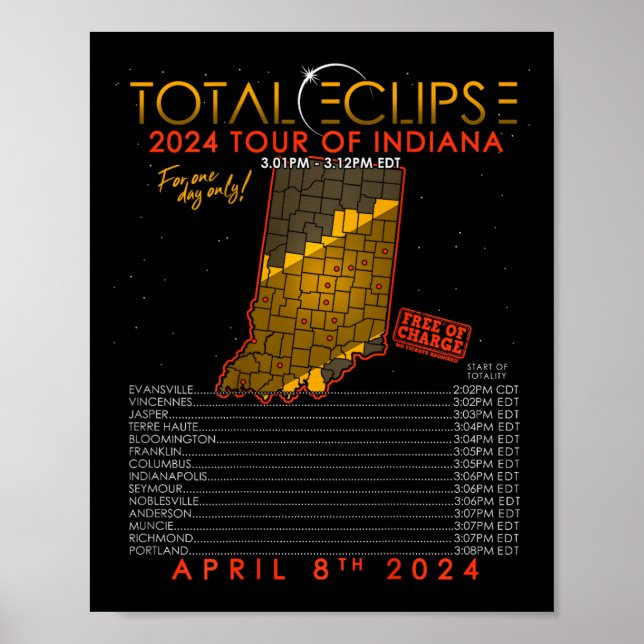 Affiche Total Solar Eclipse 2024 Tour De L'Indiana 8 Avril (Devant)