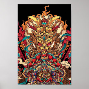 Affiche totem de dragon chinois, tatouage