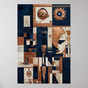 Affiche Totem en cuivre bleu de minuit - Ivoire 3D