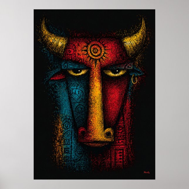 Affiche Totem Taureau Primitif Art Abstrait – Expressionni (Devant)