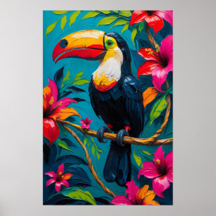 Affiche Toucan Tropical avec Fleurs Vibrantes