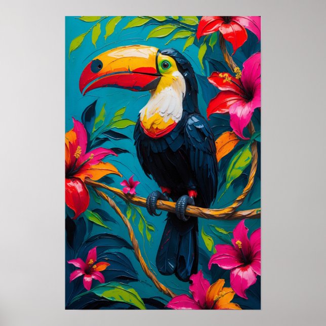 Affiche Toucan Tropical avec Fleurs Vibrantes (Devant)
