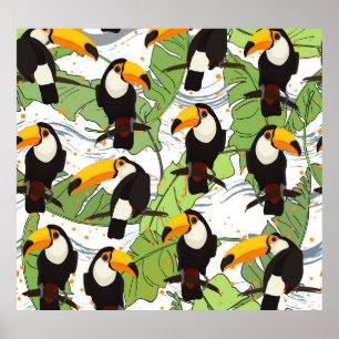 Affiche Toucan tropical, palmiers verts, motif vintage.