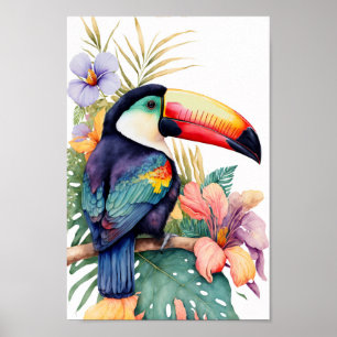 Affiche Toucan wall art with tropical flowers print