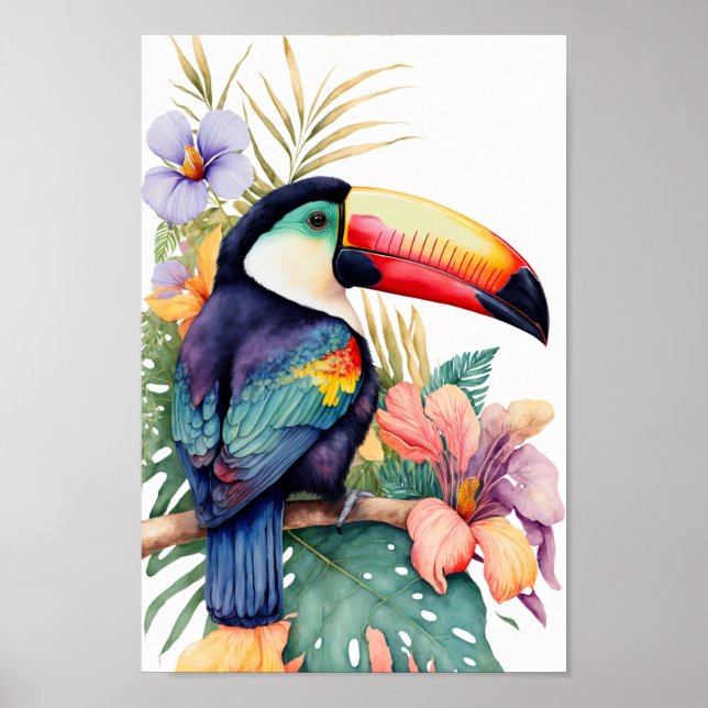 Affiche Toucan wall art with tropical flowers print  (Devant)