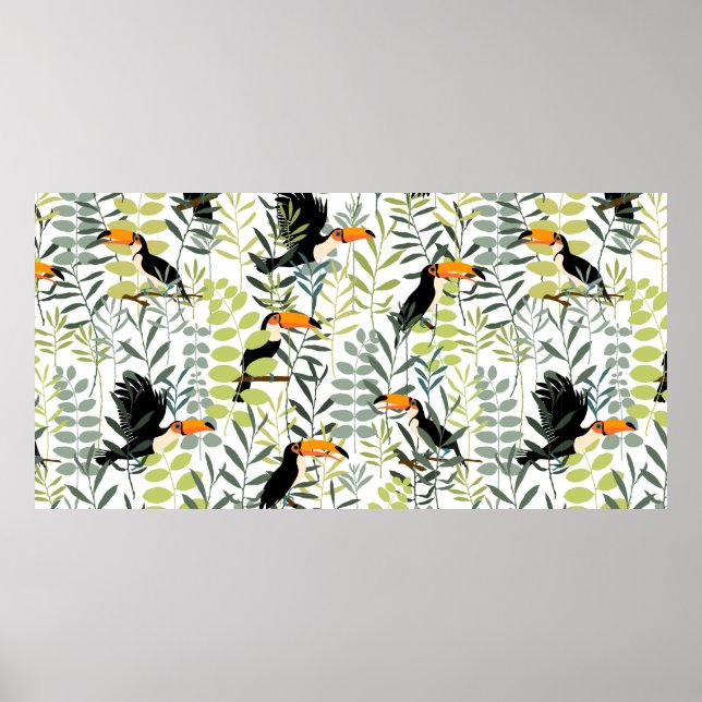 Affiche Toucans en feuilles verts et branches sans soudure (Devant)