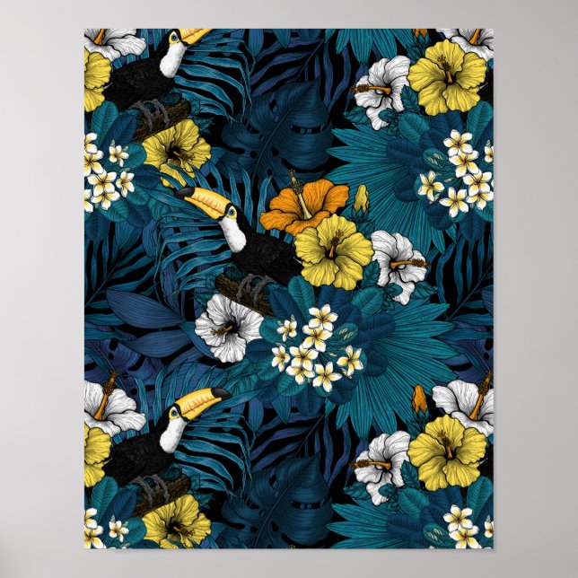 Affiche Toucans et flore tropicale, bleu, jaune, orange (Devant)