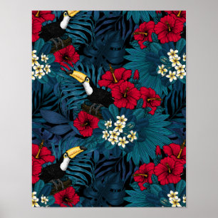 Affiche Toucans et flore tropicale, verte et rouge