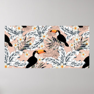 Affiche Toucans, feuilles de palmiers graphiques, fleurs d