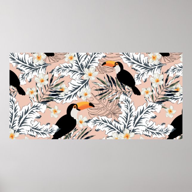 Affiche Toucans, feuilles de palmiers graphiques, fleurs d (Devant)