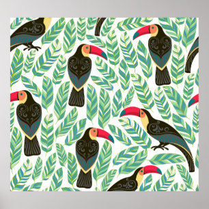 Affiche Toucans, feuilles tropicaux, motif décoratif.