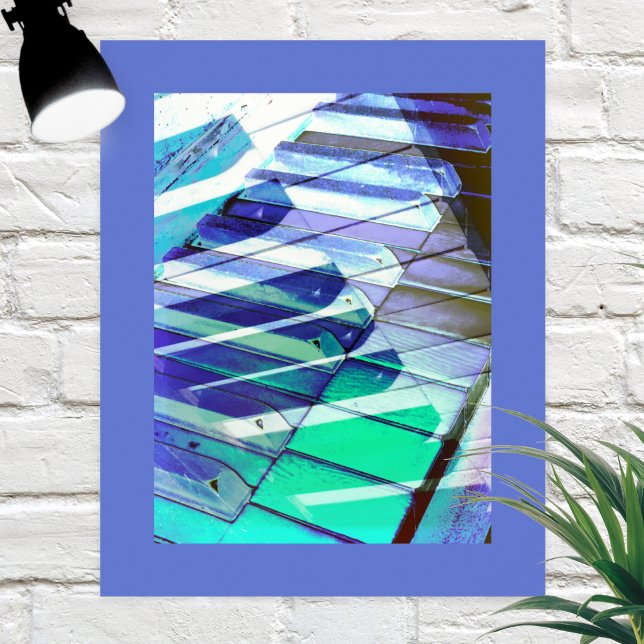 Affiche Touches de clavier de piano musique Abstrait bleu  (A contemporary poster with abstract piano keys design, in blue, green, black and white)
