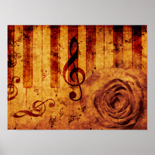 Affiche Touches de piano avec notes musicales et rose