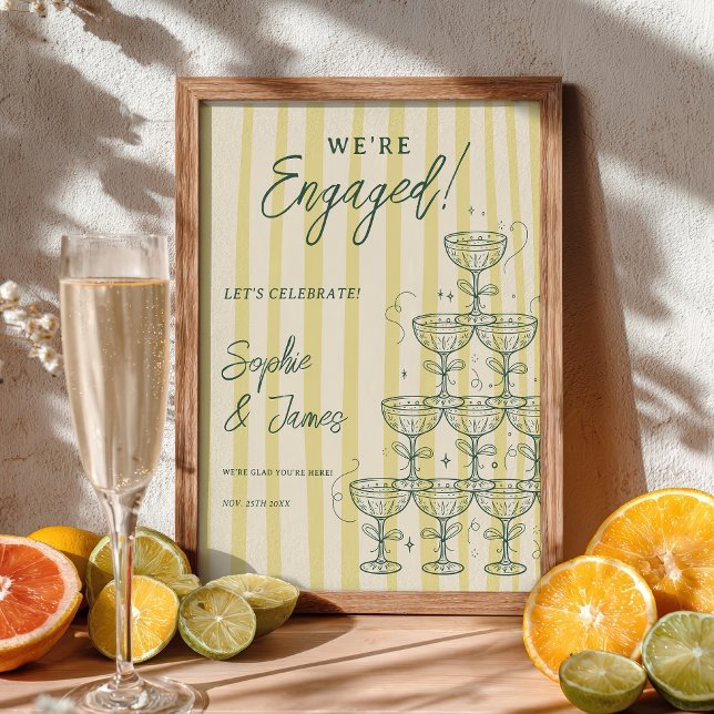 Affiche Tour de Champagne Jaune Citron de Bienvenue pour F (Citrus Yellow Champagne Tower Engagement Welcome Poster)