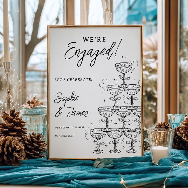 Affiche Tour de champagne moderne de bienvenue pour les fi (Modern Champagne Tower Engagement Welcome Poster)