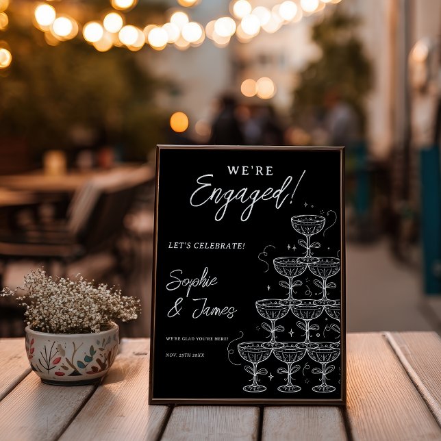 Affiche Tour de champagne noir et blanc de fiançailles Bie (White Black Champagne Tower Photo Engagement Invitation)