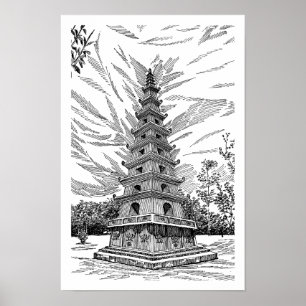 Affiche Tour de la pagode noire et blanche en dessin au tr