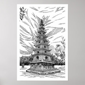 Affiche Tour de la pagode noire et blanche en dessin au tr