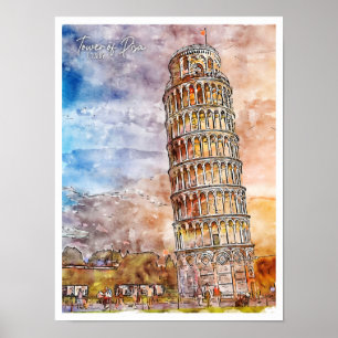 Affiche Tour de Pise Italie aquarelle vintage de voyage