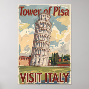 Affiche Tour de Pise Italie Art de voyage peint Vintage