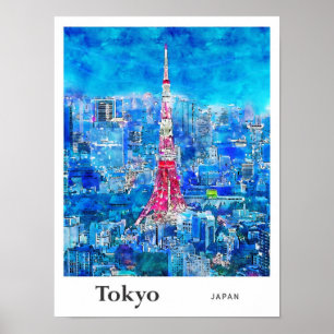 Affiche Tour de Tokyo Japon Aquarelle Voyage Main tirée