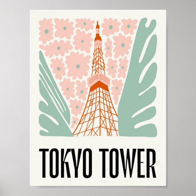Affiche Tour de Tokyo Japon Voyage abstrait art floral (Devant)