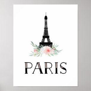 Affiche Tour Eiffel branchée et Fleurs Roses Rouges   Pari
