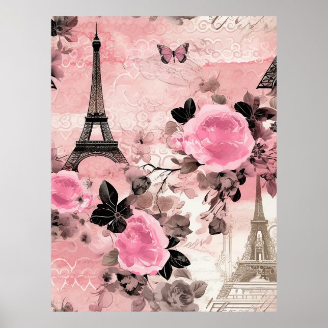 Affiche Tour Eiffel Chic Rose Noir & Blanc Paris Français (Devant)