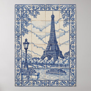 Affiche Tour Eiffel de Paris Art Azulejo Bleu Portugais