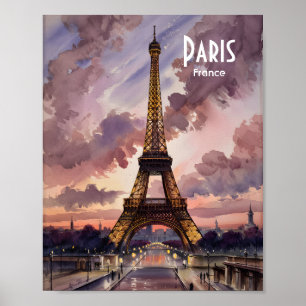 Affiche Tour Eiffel de Paris Crépuscule Aquarelle Texte Pe