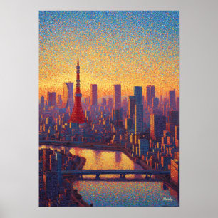 Affiche Tour Eiffel de Tokyo Pointillisme Skyline Coucher 