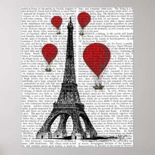 Affiche Tour Eiffel et Ballons rouges à air chaud
