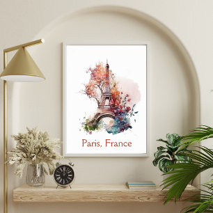 Affiche Tour Eiffel Fleur Floral Aquarelle Paris France