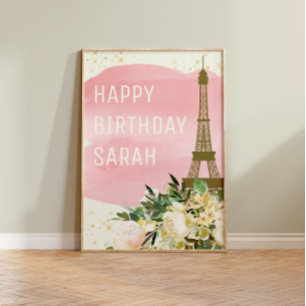 Affiche Tour Eiffel Paillettes Or Rose Joyeux Anniversaire