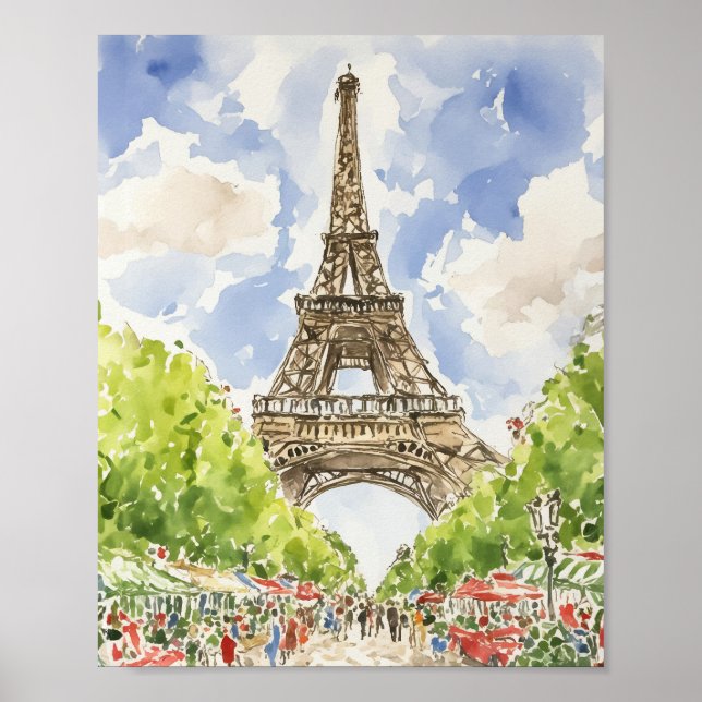 Affiche Tour Eiffel Paris Aquarelle Art (Devant)