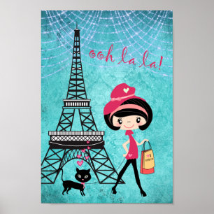 Affiche Tour Eiffel Paris Fille et chat Bleu Damas