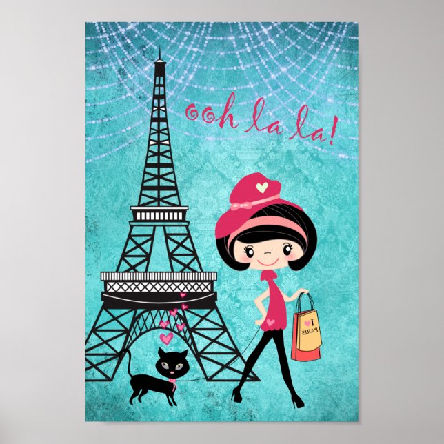 Affiche Tour Eiffel Paris Fille et chat Bleu Damas (Devant)