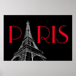Affiche Tour Eiffel Paris Voyage Noir Blanc Rouge Pop Art