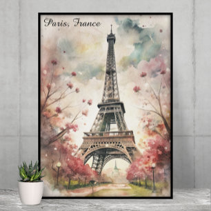 Affiche Tour Eiffel romantique de Paris aquarelle florale