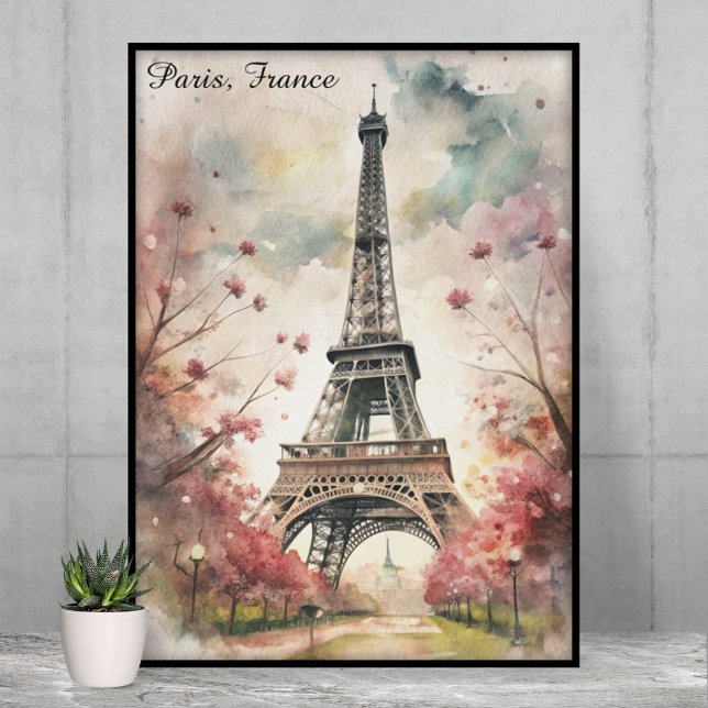 Affiche Tour Eiffel romantique de Paris aquarelle florale (Romantic Paris Eiffel Tower Watercolor Floral Poster)