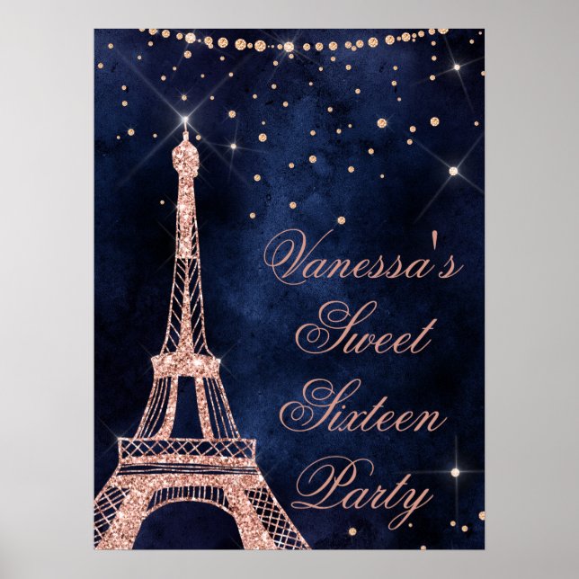 Affiche Tour Eiffel rose or doux 16 signe de bienvenue (Devant)