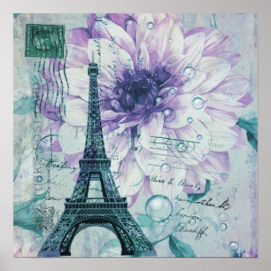 Affiche Tour Eiffel vintage floral pourpre de Paris