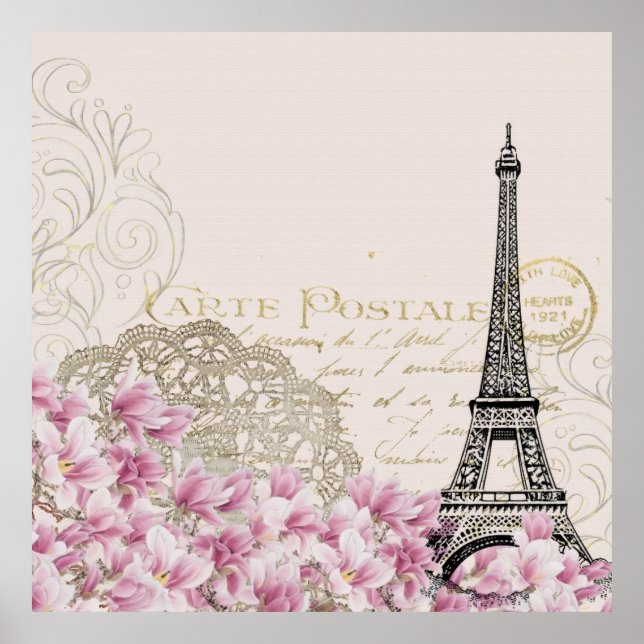 Affiche Tour Eiffel Vintage Paris France Romance Rose (Devant)
