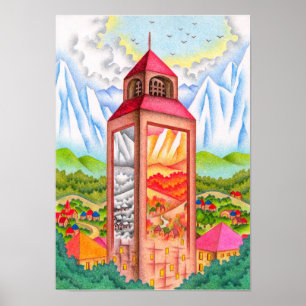 Affiche Tour horloge qui incarne les quatre saisons.