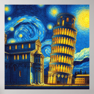Affiche Tour penchée de Pise Italie nuit étoilée