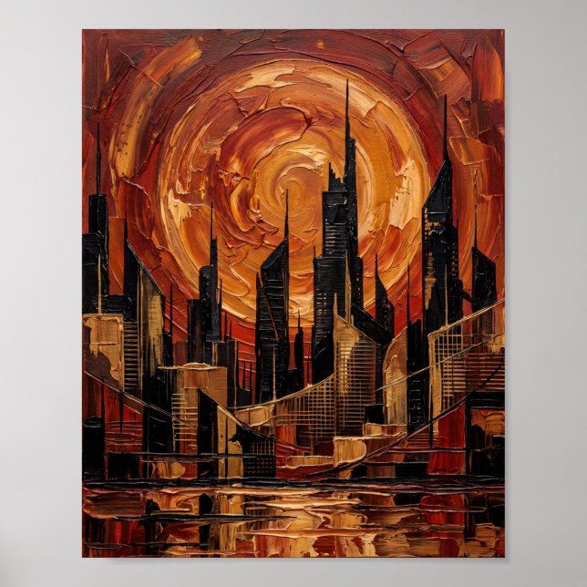 Affiche Tourbillon de soleil orange abstrait au couteau à  (Devant)