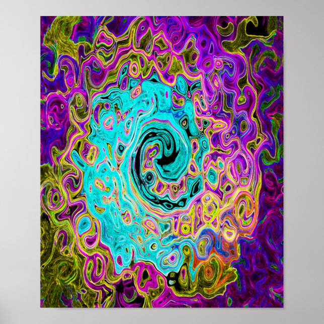 Affiche Tourbillon Liquide Rétro Abstrait Groovy Bleu Aqua (Devant)