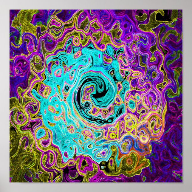 Affiche Tourbillon Liquide Rétro Abstrait Groovy Bleu Aqua (Devant)