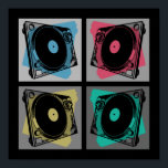 Affiche Tourne-disques d'art pop rétro<br><div class="desc">Il y a eu un jour où les albums de vinyle étaient le seul moyen d'écouter votre musique, un côté à la fois. Les disques tourne-disques et vinyle font un retour en force ces jours-ci. Quatre carrés, dans des tons gris clair à moyen, fournissent l'arrière - plan pour le design...</div>