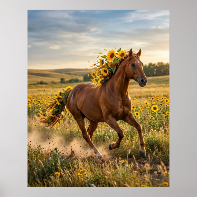 Affiche Tournesol Cheval Prairie Ruée (Devant)